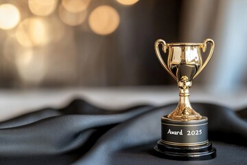 Engraved trophy: award inscription, 2025 year, golden prize, victory token, polished accolade, recognition object, metallic honor, text engraving, ceremonial tribute, achievement symbol.