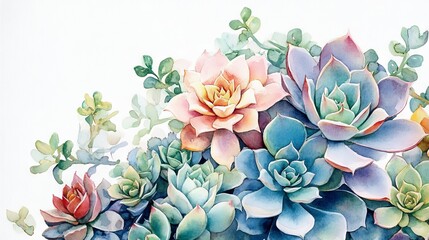 24.Artistic botanical watercolor collection of succulent plants and cacti, rendered in soft yet vibrant tones with intricate detailing on a plain white background.