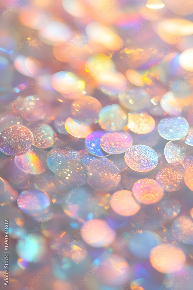 Poster pastel iridescent sequins close-up, bokeh background