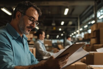 Obraz premium A postmaster reviews employee schedules on a clipboard. Behind them, workers are busy sorting and processing the mail