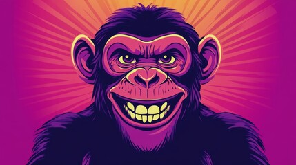 118.Playful chimpanzee mascot logo with exaggerated features, showcasing a mischievous grin and vibrant accents in a dynamic and eye-catching layout.