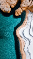 Obraz premium Aerial shot of a coastline with swirling patterns of white sand and turquoise water, creating a natural abstract design
