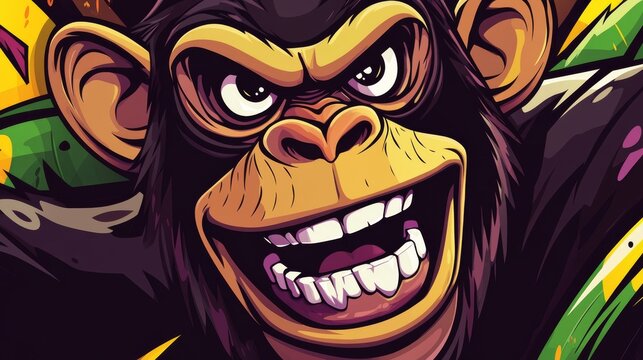 118.Playful chimpanzee mascot logo with exaggerated features, showcasing a mischievous grin and vibrant accents in a dynamic and eye-catching layout.