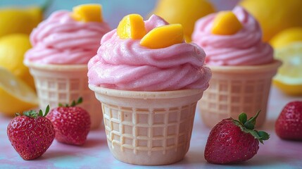Colorful ice cream cups topped with fresh mango slices and strawberries, set against a pastel background