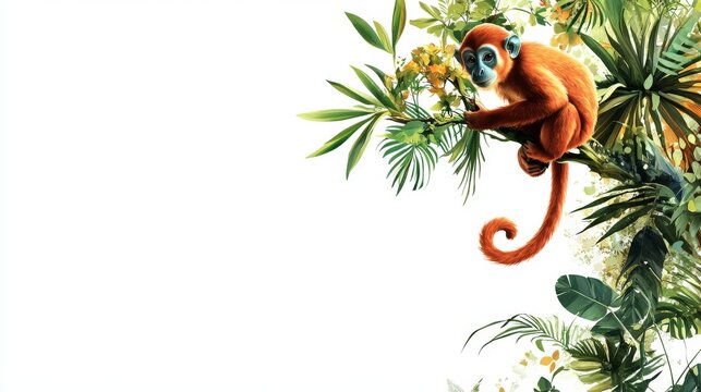 83.Vector composition of a monkey hanging by its tail from a tree branch, with detailed tropical vegetation and vibrant colors isolated on a plain white background.