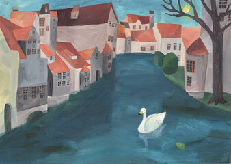 水彩絵の具で描いた水路のあるヨーロッパの街と白鳥のイラストレーション © yasuko88
