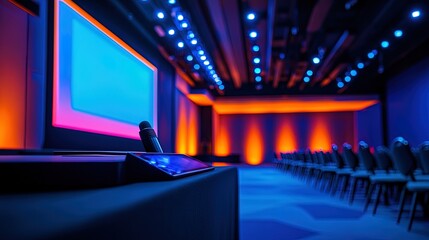 A large conference podium with an interactive touchscreen for presentation, corporate event atmosphere