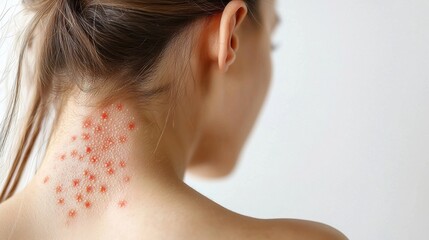Obraz premium Woman with a red star tattoo on her back standing against a neutral background