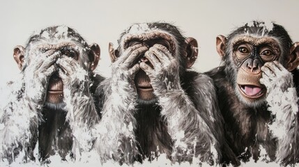 57.Realistic depiction of three monkeys in a row, with detailed fur textures and expressive faces, each covering their eyes, ears, or mouth against a plain white backdrop.