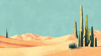9.Minimalistic yet detailed desert-themed vector design featuring cacti with a mint green palette, set against a textured sandy backdrop.