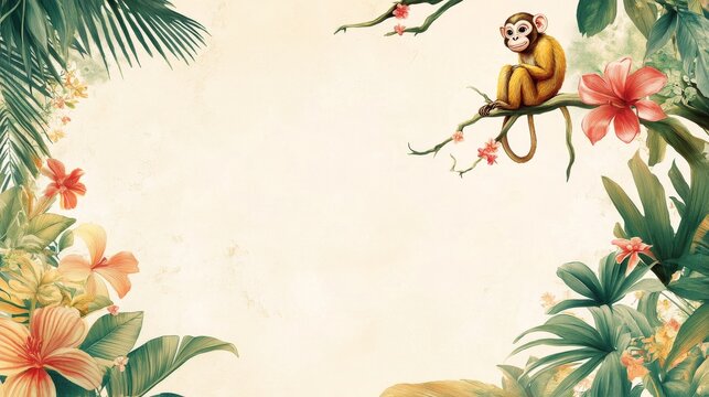 108.Delightful monkey-themed frame featuring a mischievous monkey perched on the top corner, with a border made of intertwined jungle vines and tropical flowers.