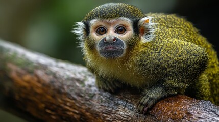 Obraz premium 44.Intimate close-up of a green monkey perched on a rough wooden log, its intelligent eyes gazing curiously, with subtle sunlight illuminating its soft fur.