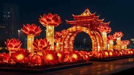 Obraz premium Radiant lotus and pavilion display illuminates the evening cityscape