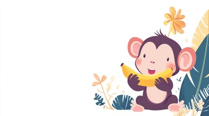 61.Kids illustration with a cute monkey eating a banana and text isolated on white background in vector