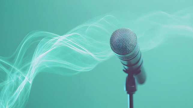 Microphone with Abstract Teal Smoke Waves - Music, Podcast, and Broadcasting Concept