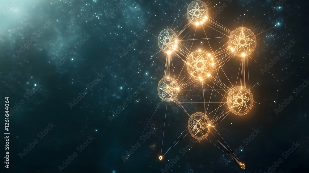 Poster geometric star linked pattern with nebula background is showcased