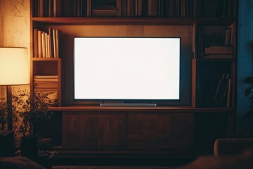 Empty TV screen in a dimly lit home entertainment center
