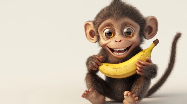 28.Adorable 3D monkey character with big expressive eyes, joyfully peeling a banana, rendered with smooth shading and a lively pose on white.