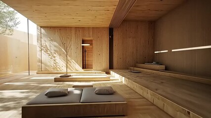 Serene wooden interior of a minimalist meditation space with natural light and tranquil ambiance