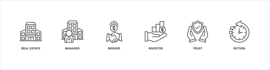 Reit banner web icon sheet vector illustration concept with icon of real estate, manager, broker, investor, trust, return