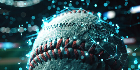 Close-up of Textured Baseball with Digital Particles and Glowing Connections