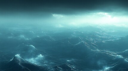 Naklejka premium Moody teal ocean waves surge powerfully under a dramatic stormy sky. AI Generated