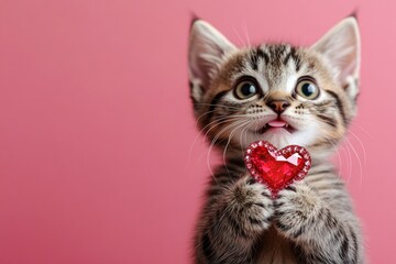 Obraz premium Commercial visual idea. Egyptian mau - my cherished cat. Cute egyptian mau baby feline with diamond red heart - sign of love, funny greeting card. Valentine kitten with flowers. Red heart cat.