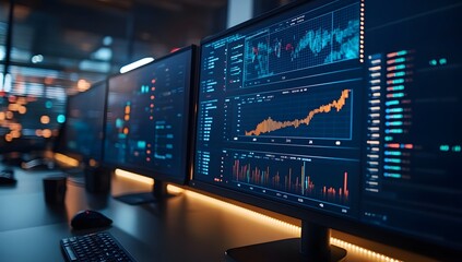Night Monitoring Room - Multiple Screens - Data Visualization - Busy Control Center