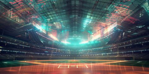 Futuristic Baseball Stadium Interior with Vibrant Lighting and Empty Field