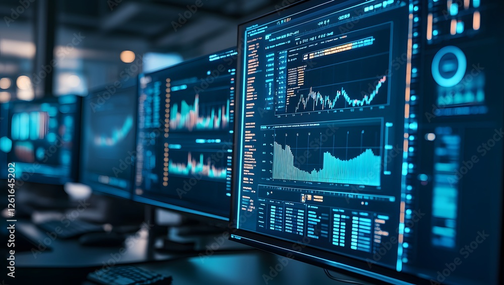 Poster Multiple computer screens displaying financial data in office