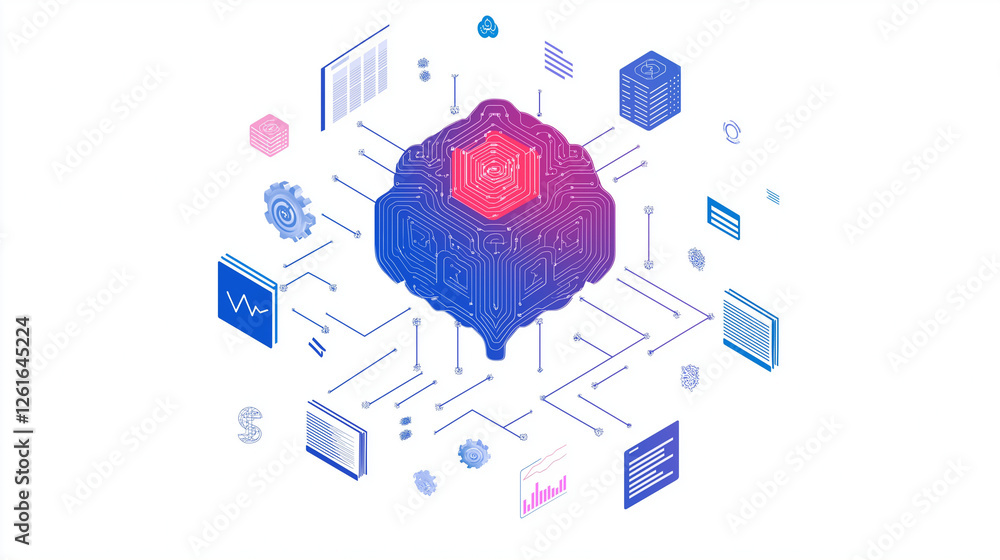 Poster the brain of ai: an isometric illustration depicting a stylized human brain composed of interconnect