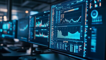 Multiple computer screens displaying financial data in office