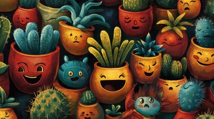 15.Cheerful seamless design featuring potted succulents and cacti with playful facial expressions, accented with warm and vibrant color tones.