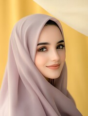 Naklejka premium Young Woman Wearing Light Mauve Hijab Against Yellow Background