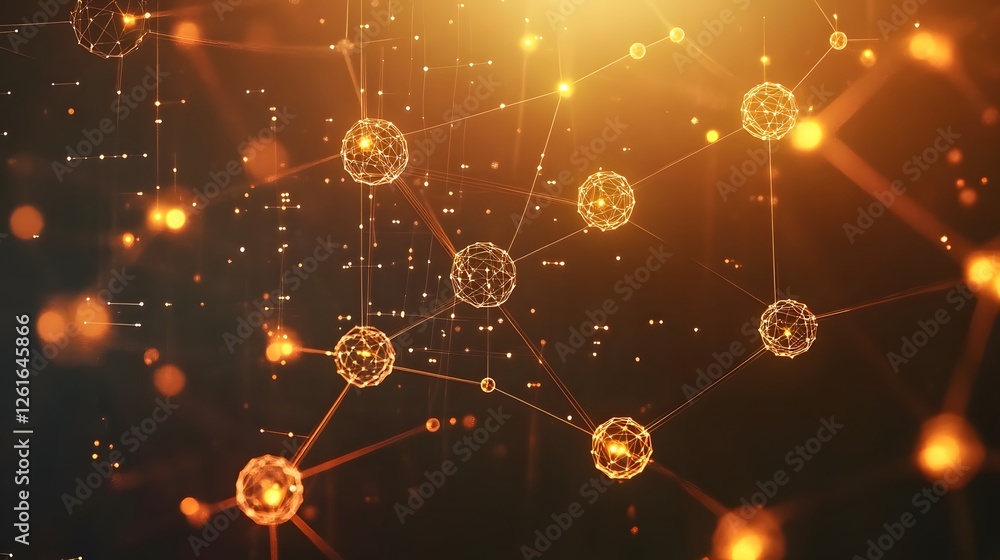Poster connected glowing orbs represent a complex network or system