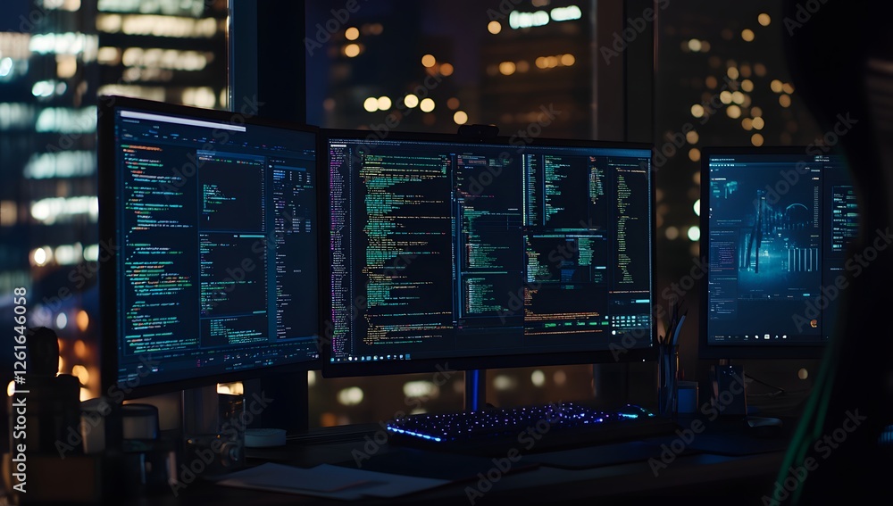 Aufkleber Night City Coder's Triple Monitor Setup