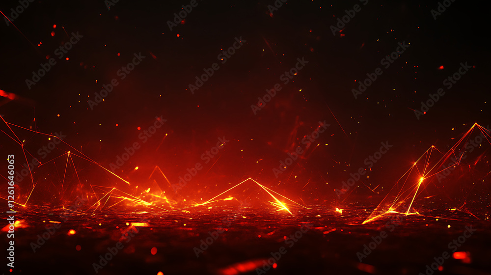 Poster fiery digital landscape with triangles and particles dark tech background texture concept