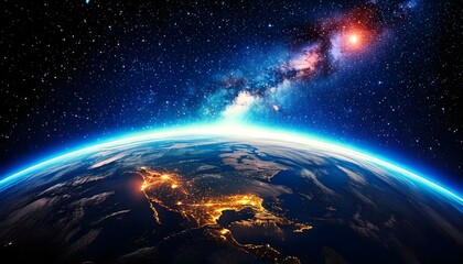 Obraz premium Breathtaking view of Earth from space with glowing city lights and the Milky Way in the background