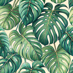 Lush green monstera leaves pattern illustration with detailed foliage on a light background