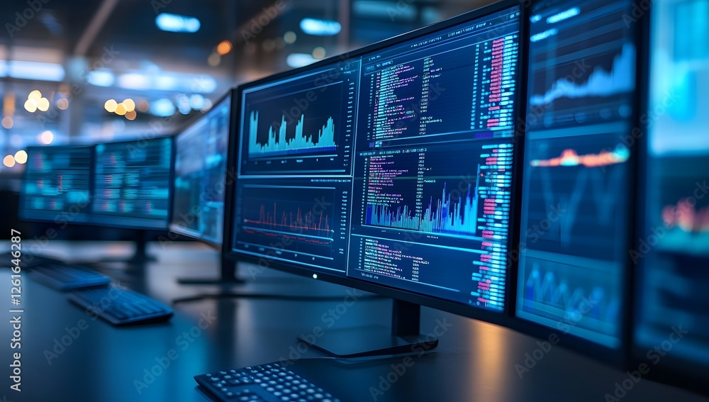 Aufkleber Multiple monitors displaying financial data in a control room