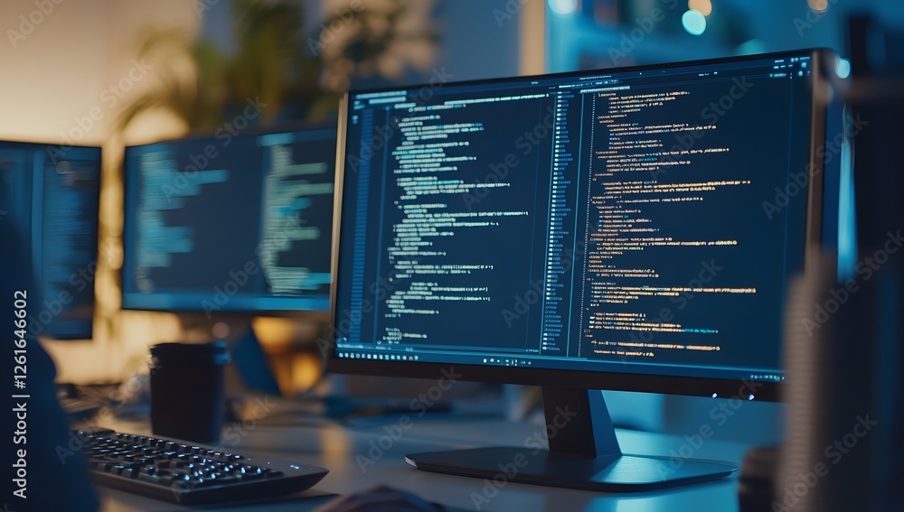 Poster Coding session at night in a modern office