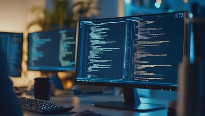 Coding session at night in a modern office