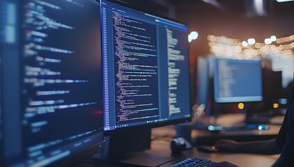 Coding session at night office with multiple monitors