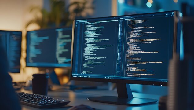 Coding session at night in a modern office