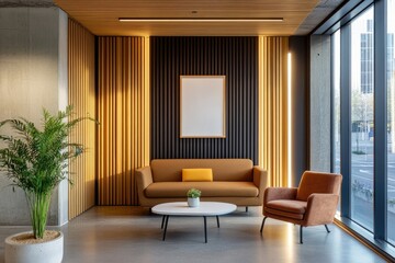 Modern office waiting area with sofa, coffee table, and city view