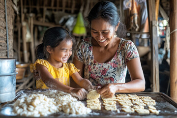  A happy mother and her young daughter baking cookies together in a modern kitchen, laughter and joy on their faces