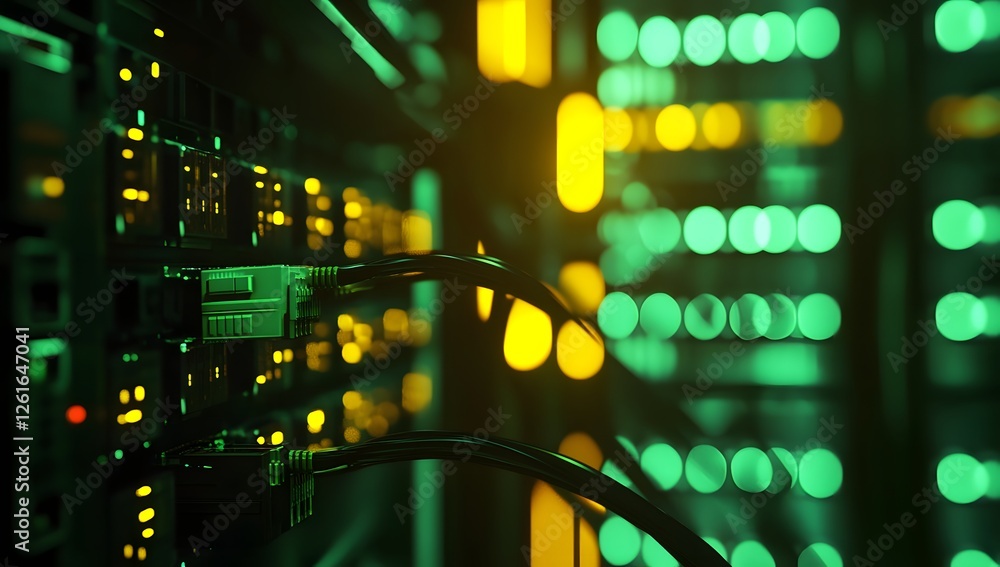 Poster server rack cables in data center illuminated