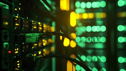Server rack cables in data center illuminated