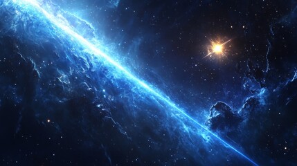 Cosmic radio jet erupts from a luminous source, traversing the vast expanse of deep space.