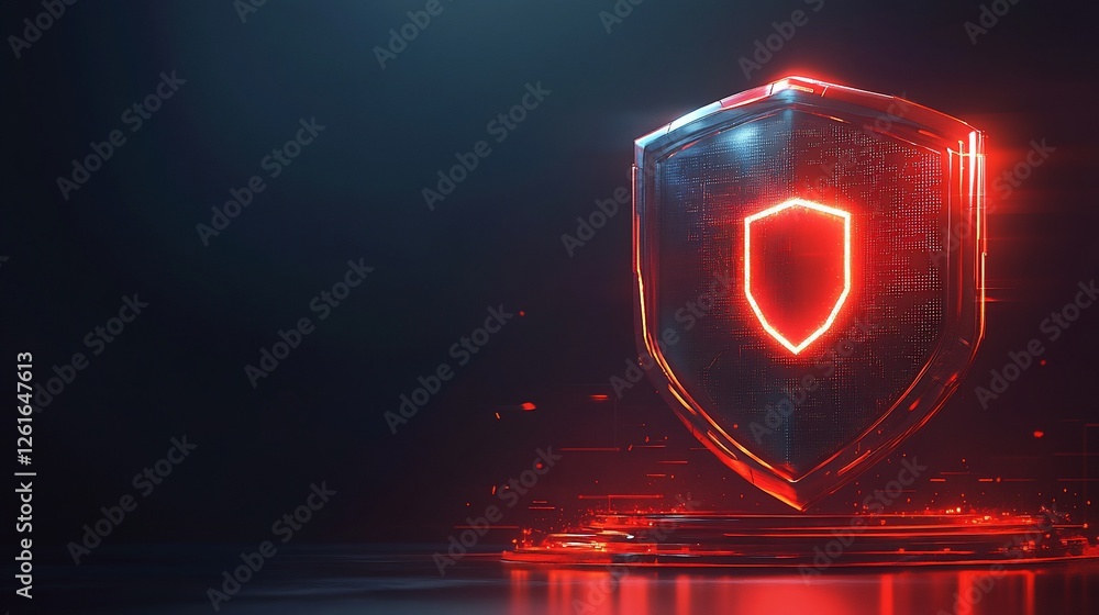 Poster a futuristic red shield with glowing lines and dark background symbolizes protection and security in